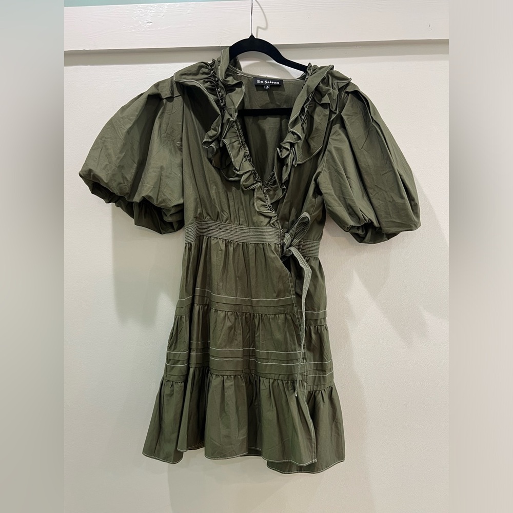 En Saison Olive Green Mini Dress with Puff Sleeves